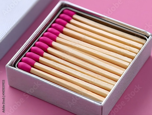 A box containing long pink matches on a light-colored background