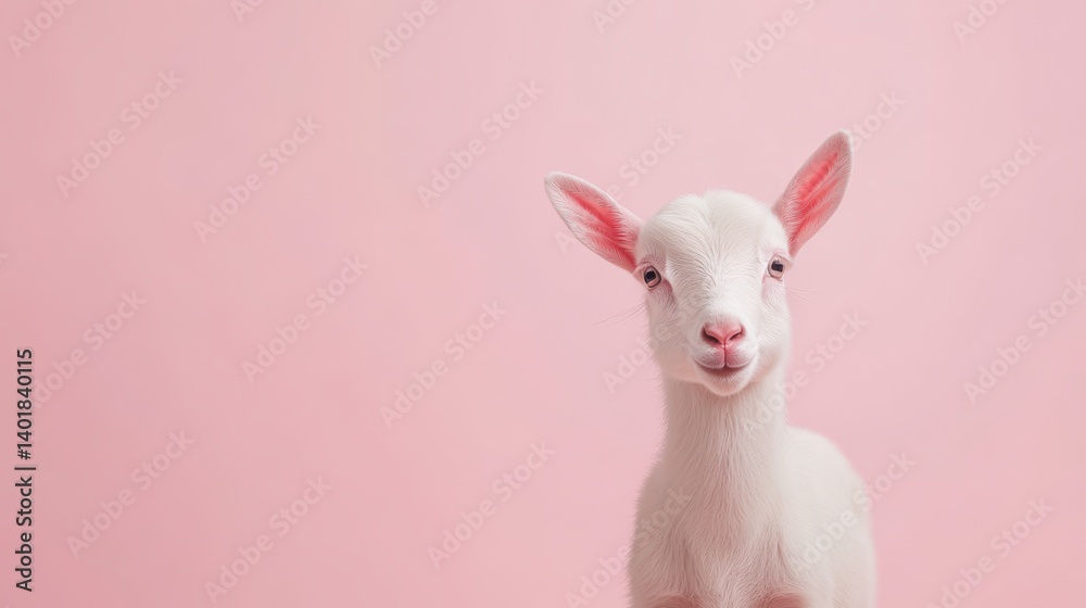 Fototapeta premium Adorable White Lamb with Pink Ears Against a Pink Background