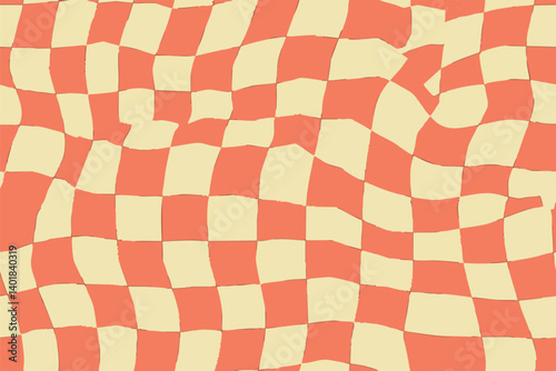 Seamless distorted checkerboard patterns in bold retro colors. Perfect for textiles, wallpapers, and digital backgrounds. Wavy, dynamic, and playful optical illusion style.