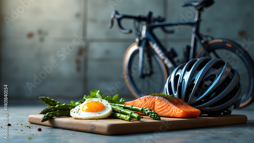 Lean proteins meet cycling gear in urban fitness scene. Crisp lighting emphasizes athletic nutrition and endurance sports.