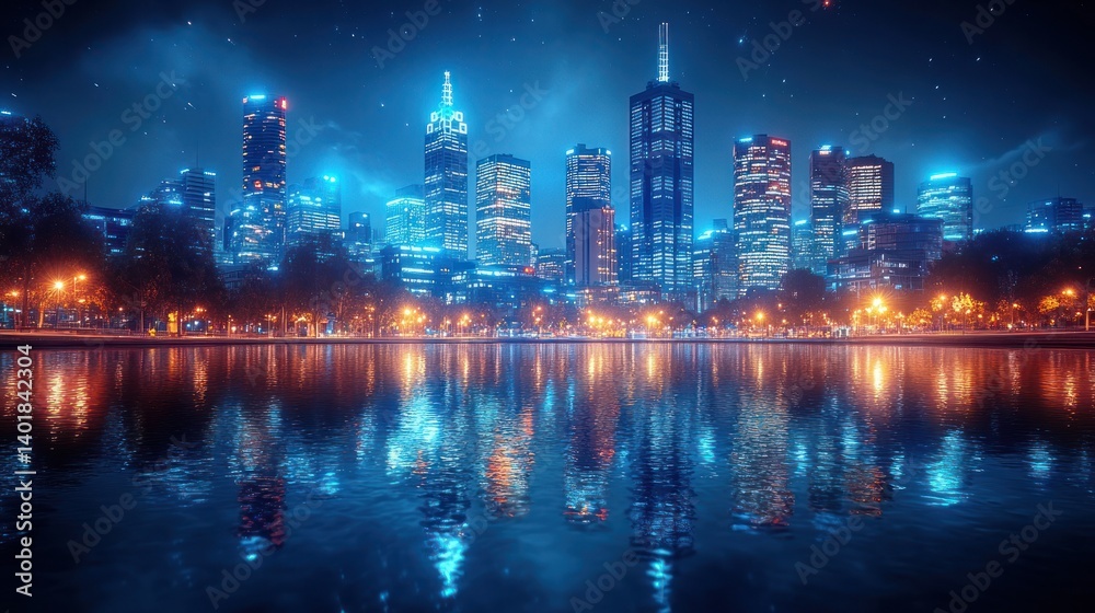 Fototapeta premium Night cityscape reflection, illuminated skyscrapers, park, calm water