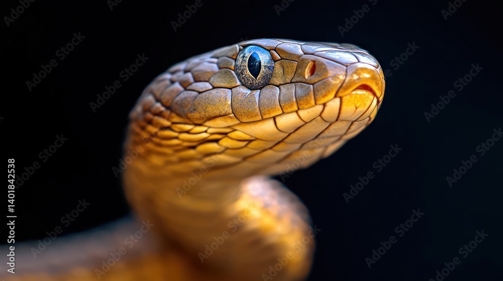 Close-up studio shot of a snake against a black background, showcasing its scaled skin, patterned texture and striking eyes. The image highlights the reptile's unique appearance and predatory Close-up studio shot of a snake against a black background, showcasing its scaled skin, patterned texture and striking eyes. The image highlights the reptile's unique appearance and predatory