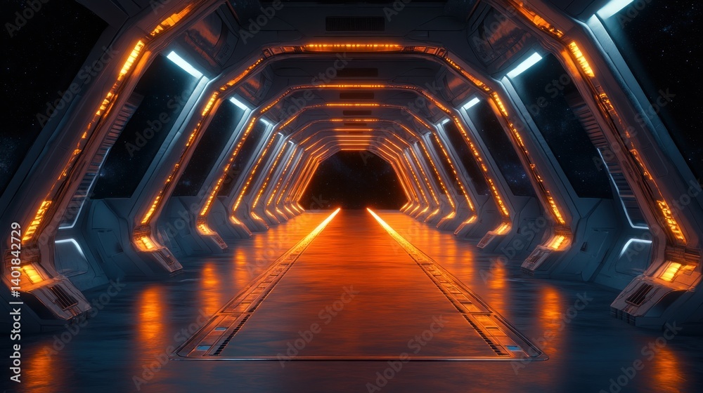 Obraz premium Futuristic Spaceship Corridor: A Glowing Passage Through the Cosmos