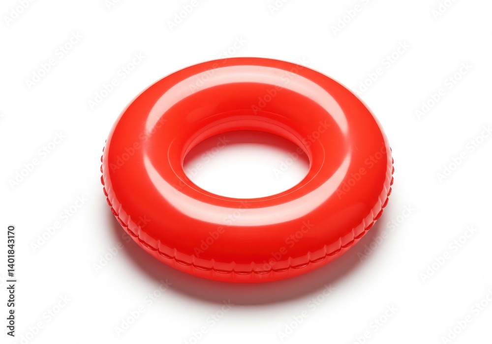 A bright red inflatable swim ring resting on a clean white surface in a studio setting shot from above A bright red inflatable swim ring resting on a clean white surface in a studio setting shot from above