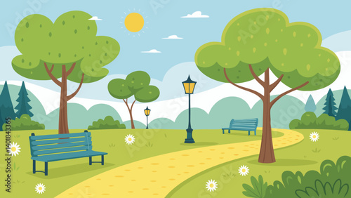 Colorful cartoon park scene with trees benches and a path