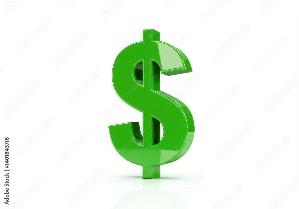 A green dollar sign stands upright on a white surface casting a small shadow underneath it A green dollar sign stands upright on a white surface casting a small shadow underneath it