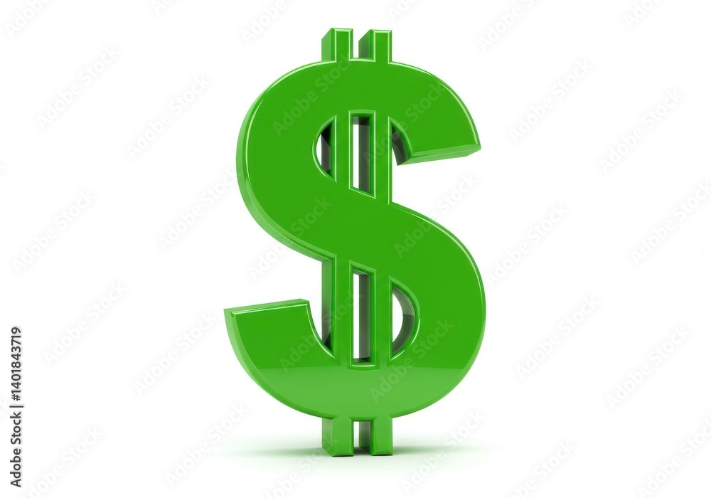 A vibrant green dollar sign standing upright against a stark white background in a studio shot A vibrant green dollar sign standing upright against a stark white background in a studio shot