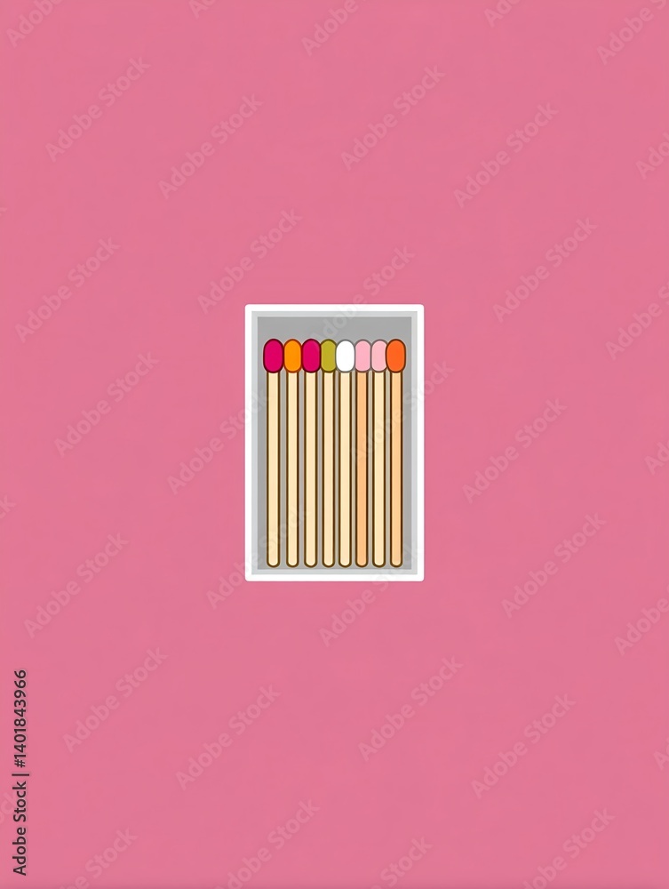 A box containing long pink matches on a light-colored background