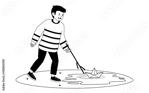 Child enjoys sailing paper boat on a calm pond during a sunny afternoon in a park