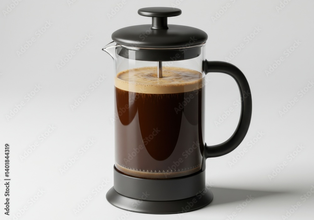 A french press filled with freshly brewed coffee on a white background in a studio setting here now A french press filled with freshly brewed coffee on a white background in a studio setting here now