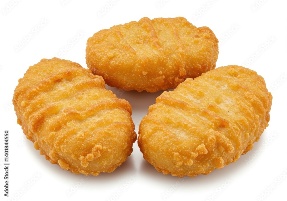 Three golden chicken nuggets arranged on a white background for a delicious and tempting snack time treat Three golden chicken nuggets arranged on a white background for a delicious and tempting snack time treat