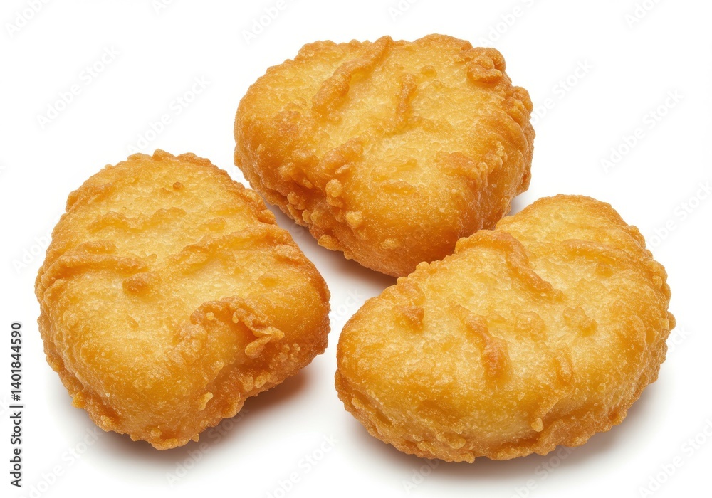 Three golden chicken nuggets arranged on a white surface in a close up studio shot view for food lovers Three golden chicken nuggets arranged on a white surface in a close up studio shot view for food lovers