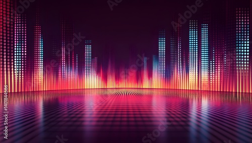 Colorful, glowing data science and technology background with sound waves, a gradient chart 