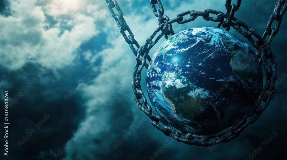 Planet Earth symbolizes global oppression while shackled in chains under the weight of political control and societal constraints