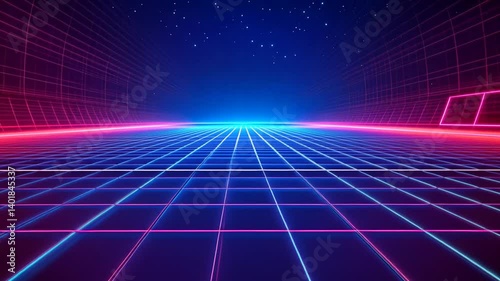 Immersive Neon Grid Tunnel, A Retro-Futuristic Journey Through Time and Space