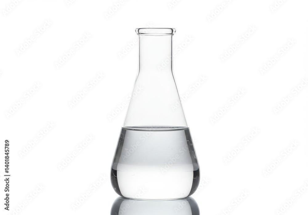 A clear erlenmeyer flask is partially filled with a clear liquid against a white background studio shot