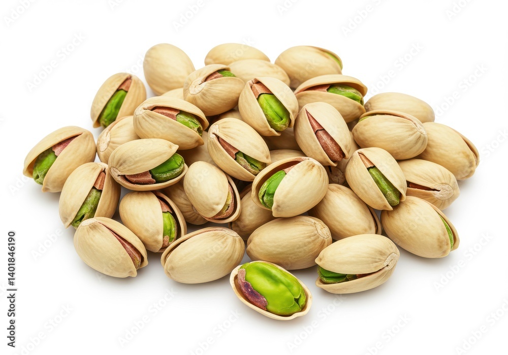 A close up shot of a pile of pistachios on a white background in a studio setting and good lighting A close up shot of a pile of pistachios on a white background in a studio setting and good lighting