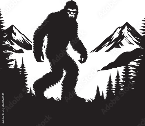 Bigfoot Yeti black and white on a mountain silhouette vector design