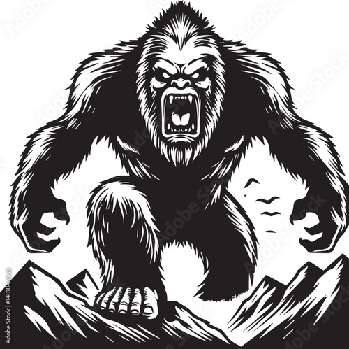 angry Bigfoot Yeti black and white on a mountain silhouette vector design