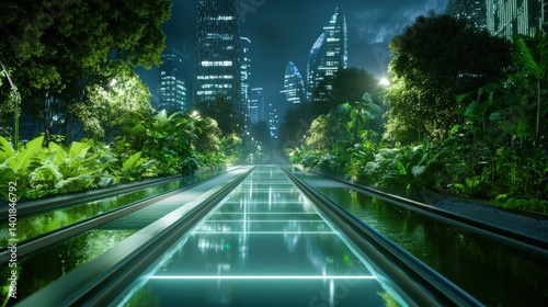 Vision of a sustainable city in 2050 with green infrastructure, clean energy, and thriving biodiversity, illustrating a hopeful environmental future through conceptual urban design.