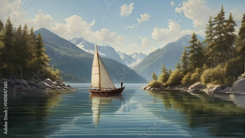 Peaceful Boat Ride Over Reflective Waters Framed by Verdant Majestic Mountains