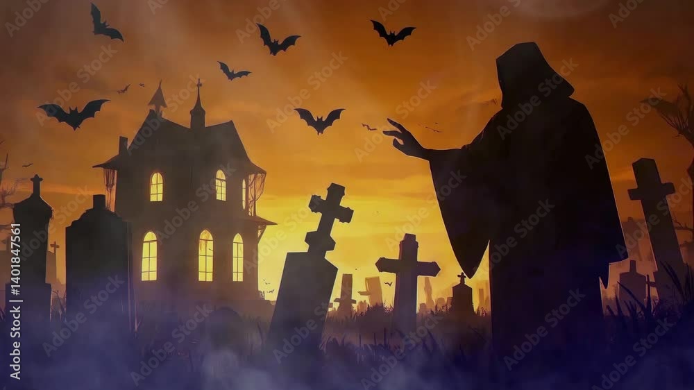 halloween background with cemetery  halloween background very scary halloween moon night spooky bats and scary home night wich ghosts scary pumpkins over dark scary 4k video