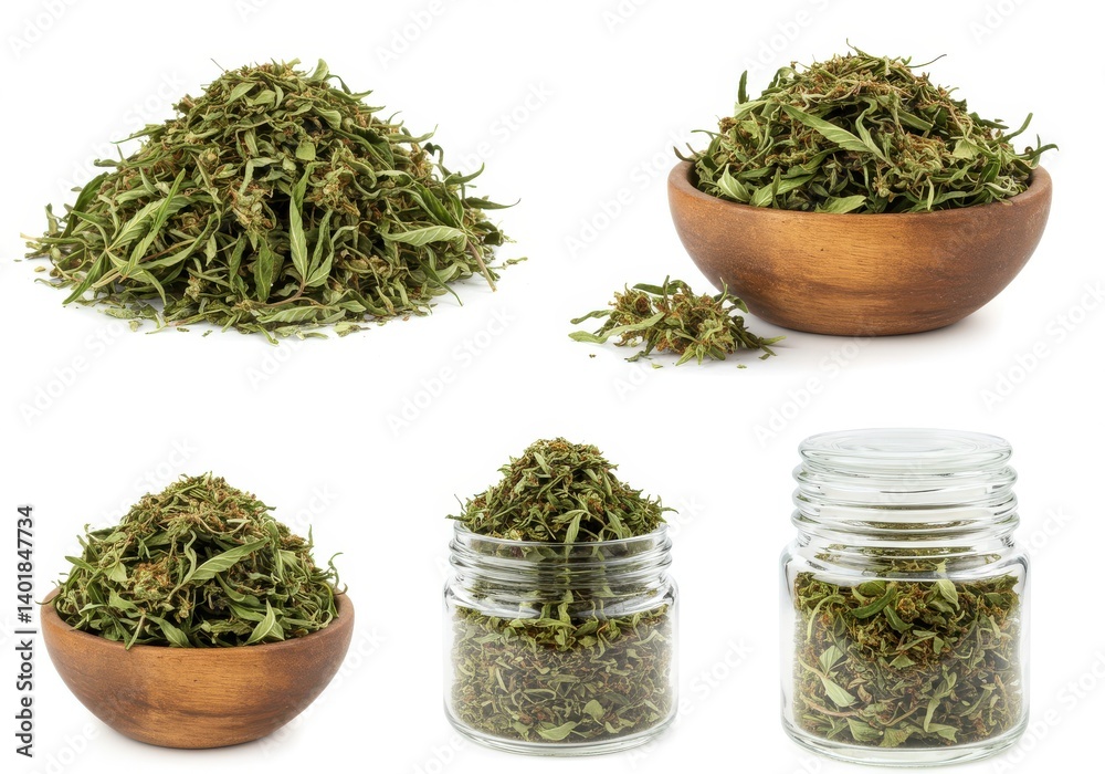 Various containers filled with dried green leaves displayed on a white background surface view from above Various containers filled with dried green leaves displayed on a white background surface view from above