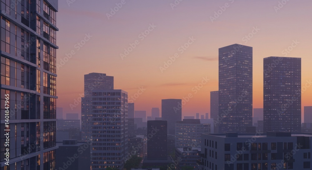 Naklejka premium City Skyline at Sunset with Purple and Pink Hues