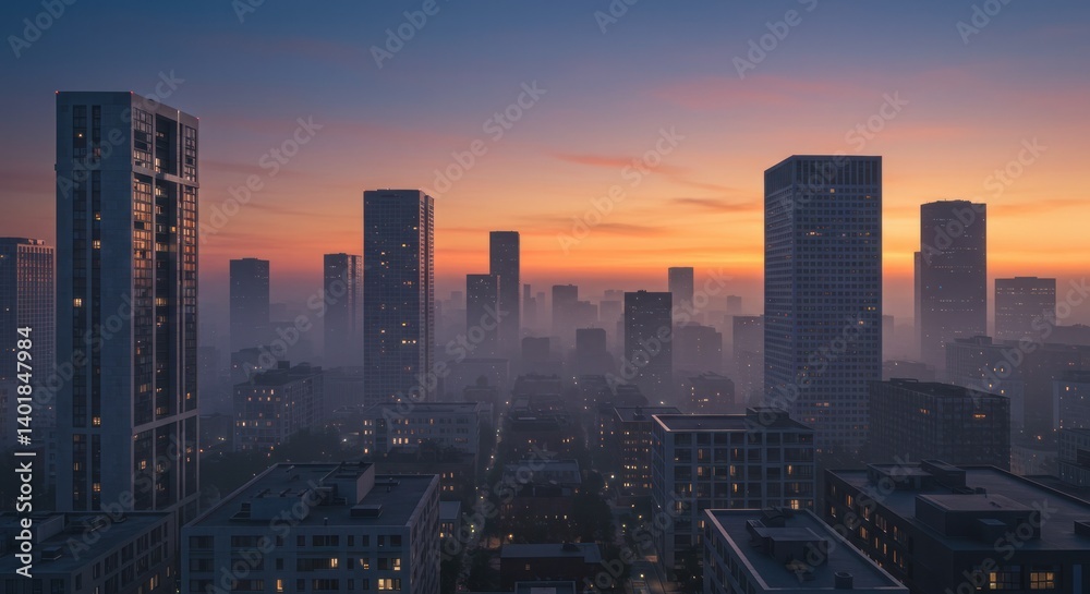 Obraz premium City Skyline at Sunrise with Fog and Colorful Sky