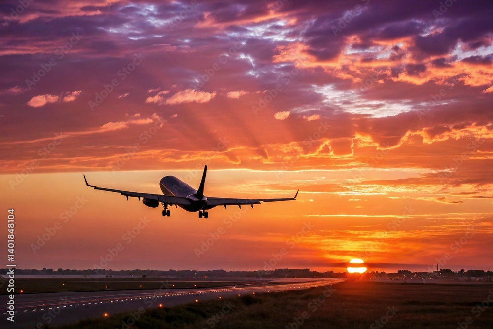 Airplane takes flight into a vibrant sunset sky, painting the horizon with hues of orange and purple Airplane takes flight into a vibrant sunset sky, painting the horizon with hues of orange and purple