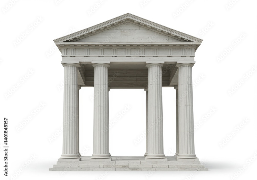 Fototapeta premium A white architectural structure with columns and a triangular roof on a white background space is visible