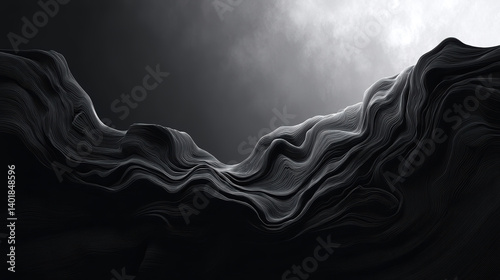 An abstract, monochromatic landscape featuring flowing lines and textures, evoking a sense of depth and movement in a dramatic, minimalist style.