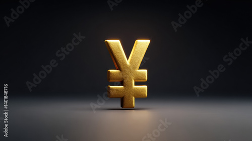 A shiny gold yen symbol stands prominently against a dark background, representing currency and finance in a modern context.