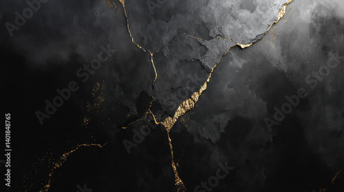 A textured black surface with intricate golden cracks, creating a striking contrast and a sophisticated, elegant appearance.