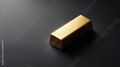 A shiny gold bar rests on a textured black surface, reflecting light and showcasing its polished surface.