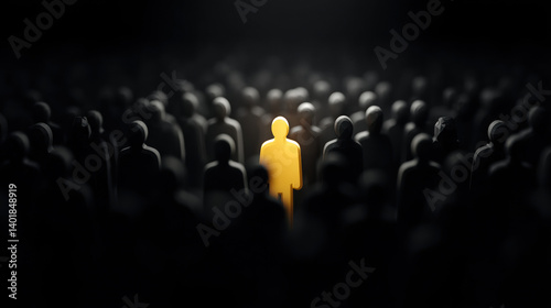 A solitary figure shines brightly among a crowd of dark silhouettes, symbolizing individuality and distinction in a sea of anonymity.