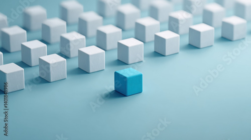 A striking image featuring a single blue cube standing out among numerous white cubes on a soft blue background, symbolizing individuality and uniqueness.