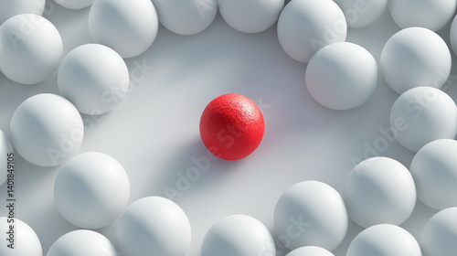 A striking image of a red sphere surrounded by white spheres, symbolizing uniqueness and focus in a minimalist design.