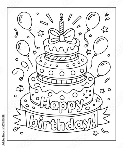 Birthday cake coloring page for kids, black line art vector illustration on white background