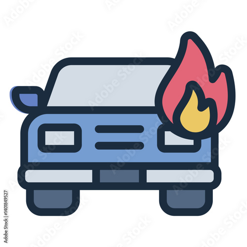 burning vehicle filled line icon with fire on car hood
