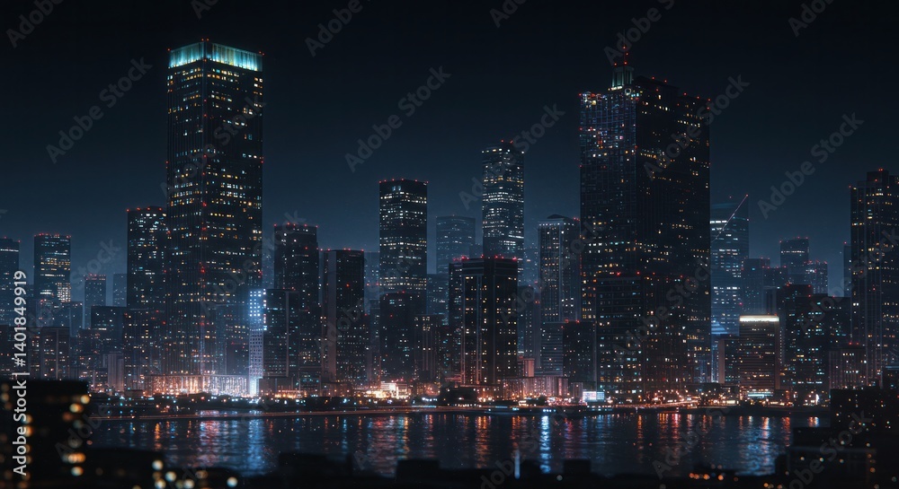 Fototapeta premium Night Cityscape Skyline with City Lights Reflection