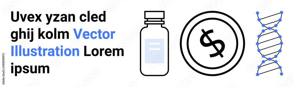 Medicine bottle, dollar coin, DNA strand symbolizing medical research, healthcare funding, and genetics. Ideal for biotechnology, healthcare economics, research, pharmaceuticals innovation science Medicine bottle, dollar coin, DNA strand symbolizing medical research, healthcare funding, and genetics. Ideal for biotechnology, healthcare economics, research, pharmaceuticals innovation science