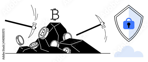 Pickaxes mining Bitcoin coins from rock, security shield with lock, and a cloud. Ideal for blockchain, cryptocurrency, digital security, data storage, mining, investment decentralized finance