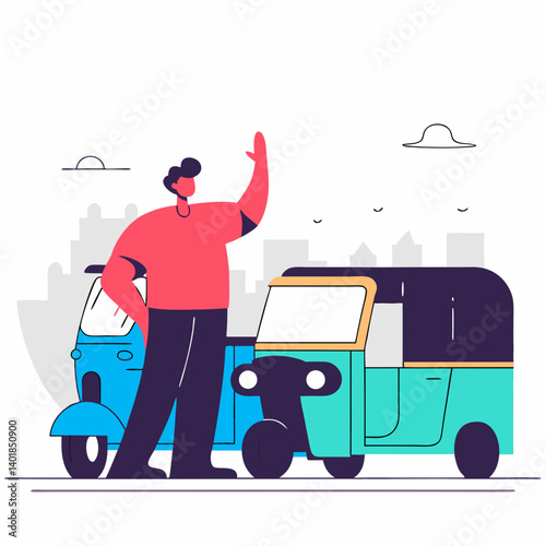Man character hailing a yellow taxi or green CNG vehicle - urban transportation
