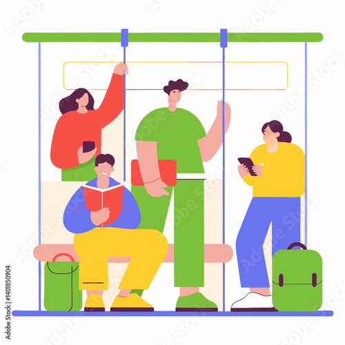 Diverse commuters sitting and standing inside a modern train car - Adobe Stock SEO title