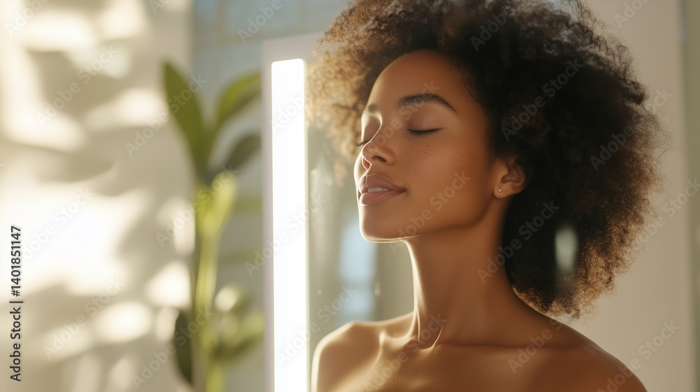 Woman enjoying a moment of serenity while practicing self-care in a bright, modern bathroom Woman enjoying a moment of serenity while practicing self-care in a bright, modern bathroom