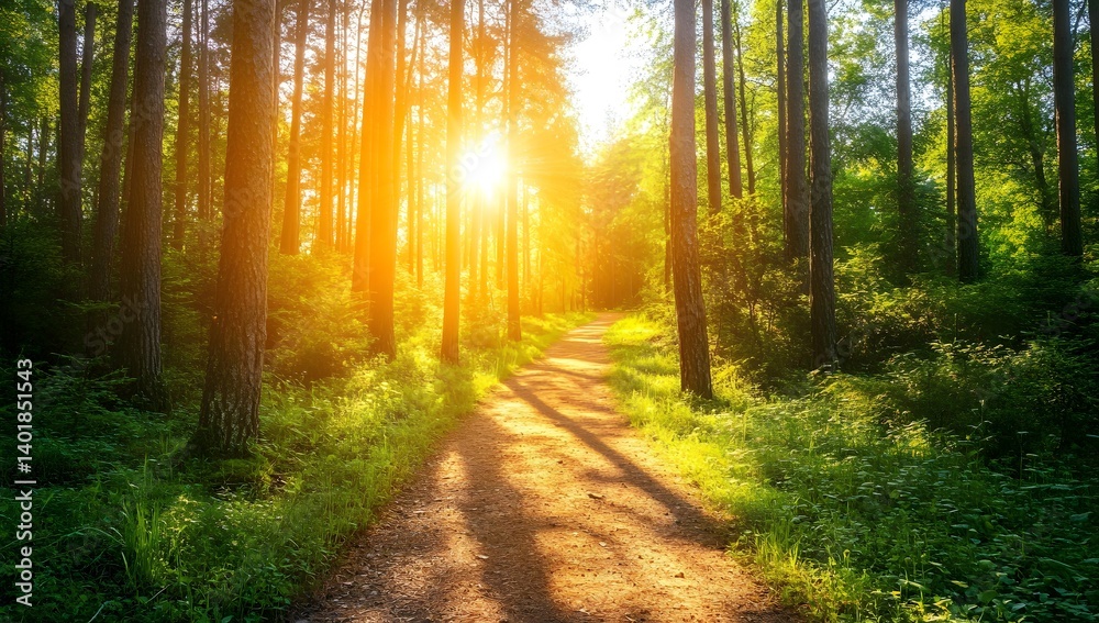 Sun rays in the forest, with trees and paths. Sun rays in the forest, with trees and paths.