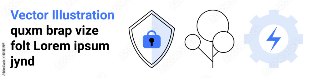 Shield with lock symbol representing security, balloons for celebration, gear with lightning bolt. Ideal for security, data protection, energy, celebration, creativity, innovation flat landing page