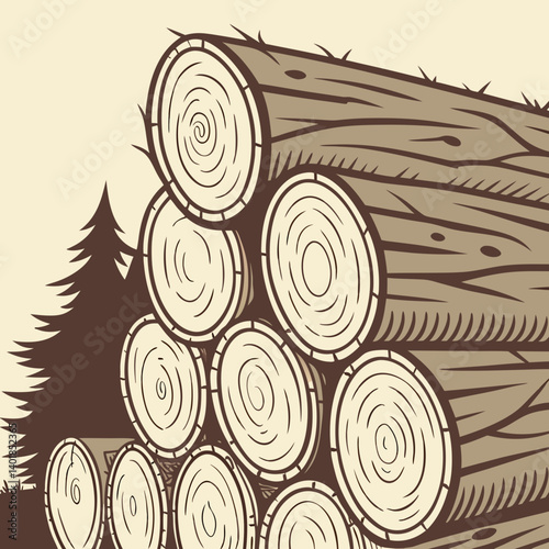 Stacked Lumber Logs With Tree Silhouette Artistic Illustration Forest Background