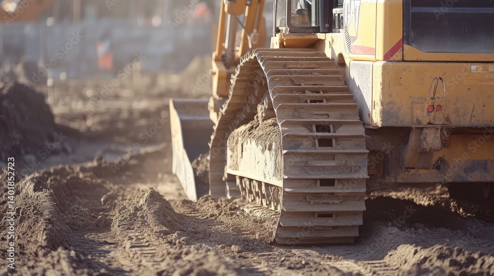 Fototapeta premium Heavy equipment operator controlling a bulldozer at a large construction site. Featuring precision and scale